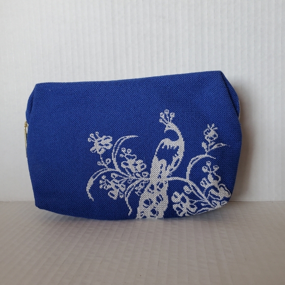 KLM Dutch Airlines Rituals Blue Embroidered Peacock Zippered Pouch - Picture 2 of 4